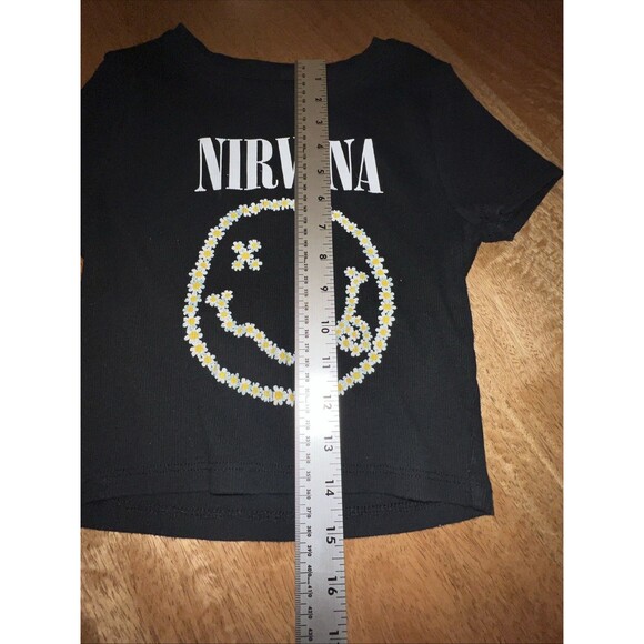NIRVANA Flower Smiley Face Band Logo Ribbed T-Shirt Sz Juniors Medium Black - Picture 4 of 5